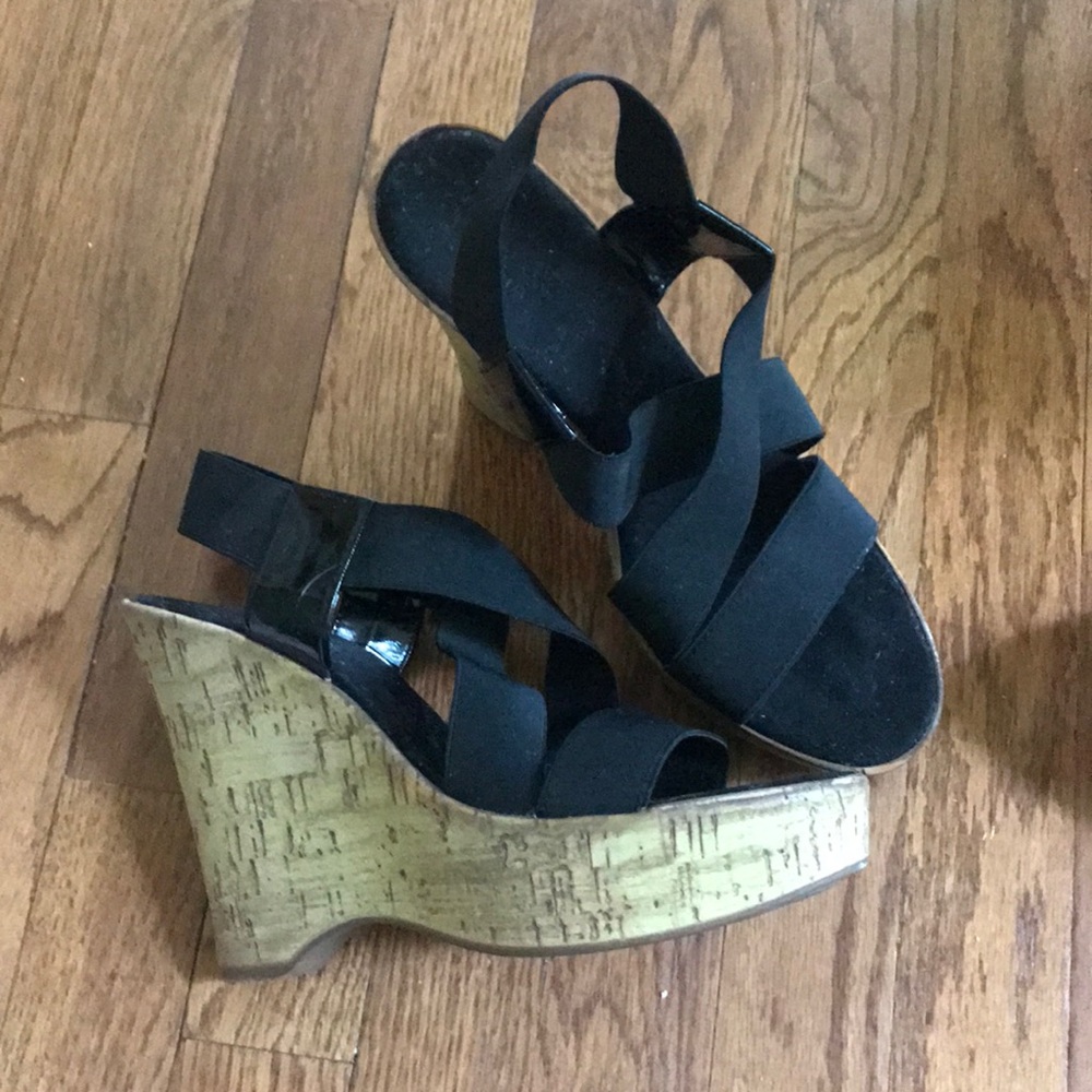Italian shoemaker cork and elastic black wedges